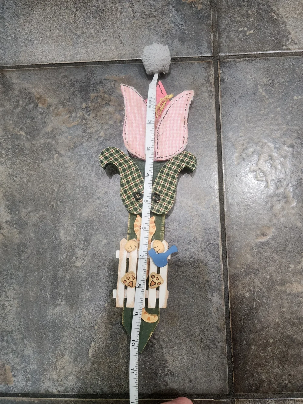 Vintage Handmade Cat Pink Tulip Wood Indie Folk Art 10.5